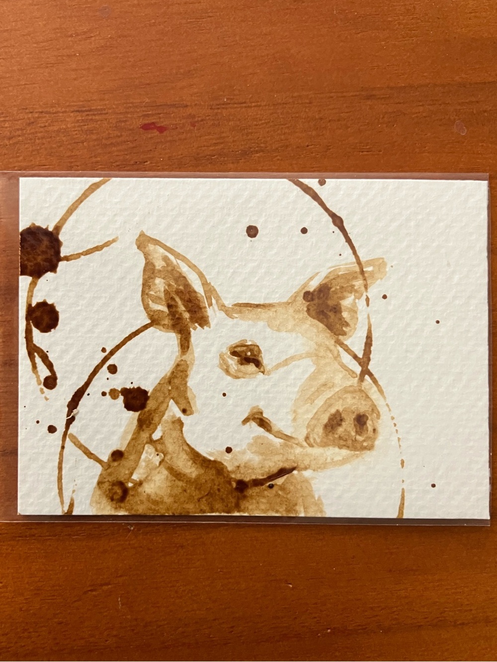 Aceo original coffee pig painting ATC gift art farm artwork Artettina